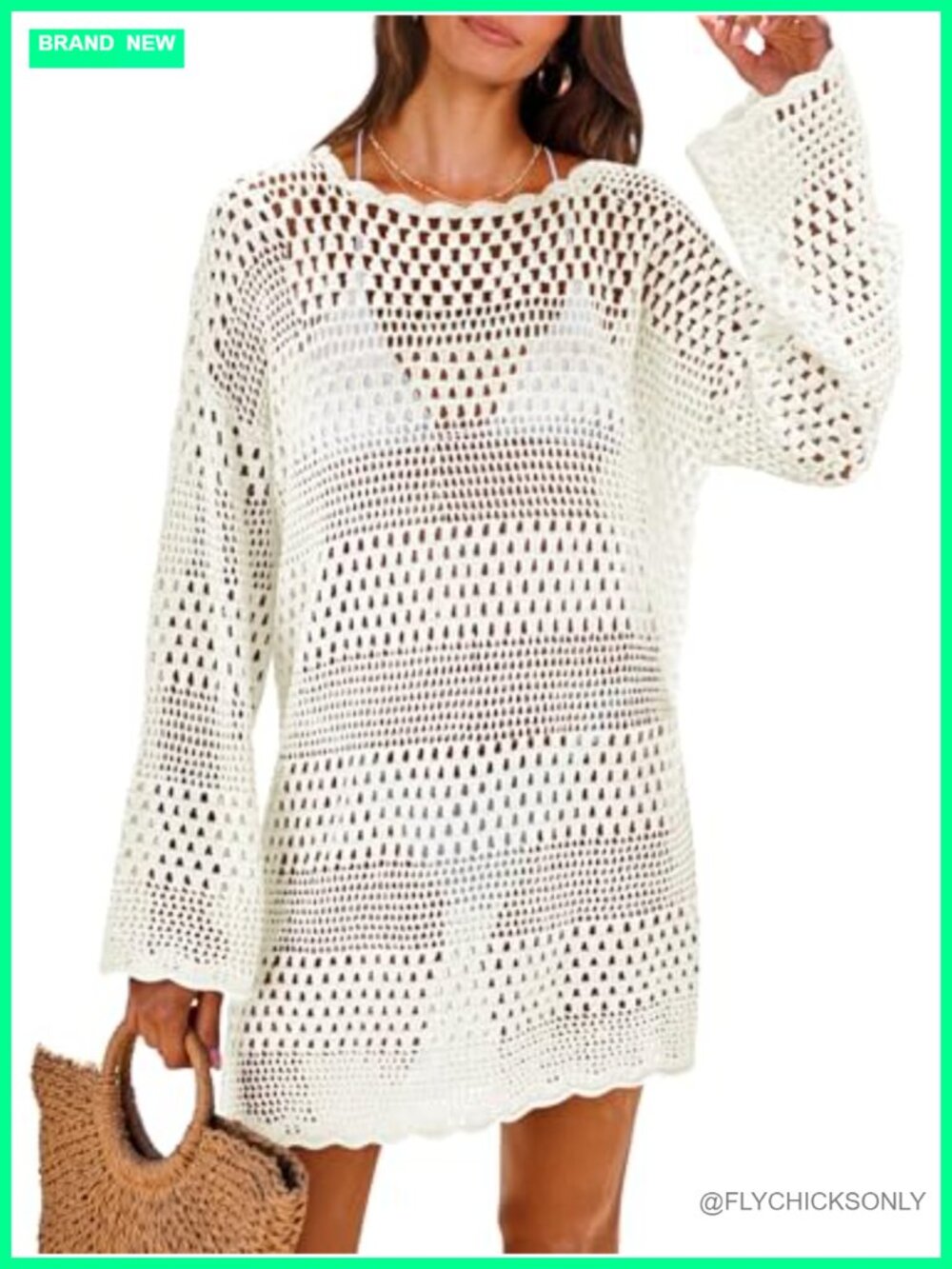 Crochet Swim Cover Up Beach Dress Long Sleeve Mini Knit Vacation Outfit